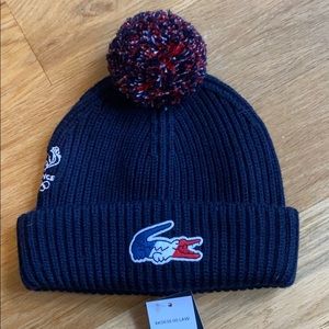 Lacoste navy Pom beanie 100% wool